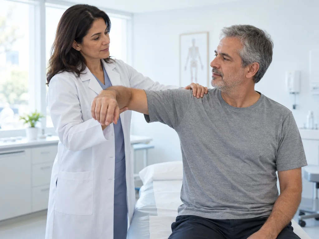 Médico examinando o ombro de um paciente em uma consulta presencial.
