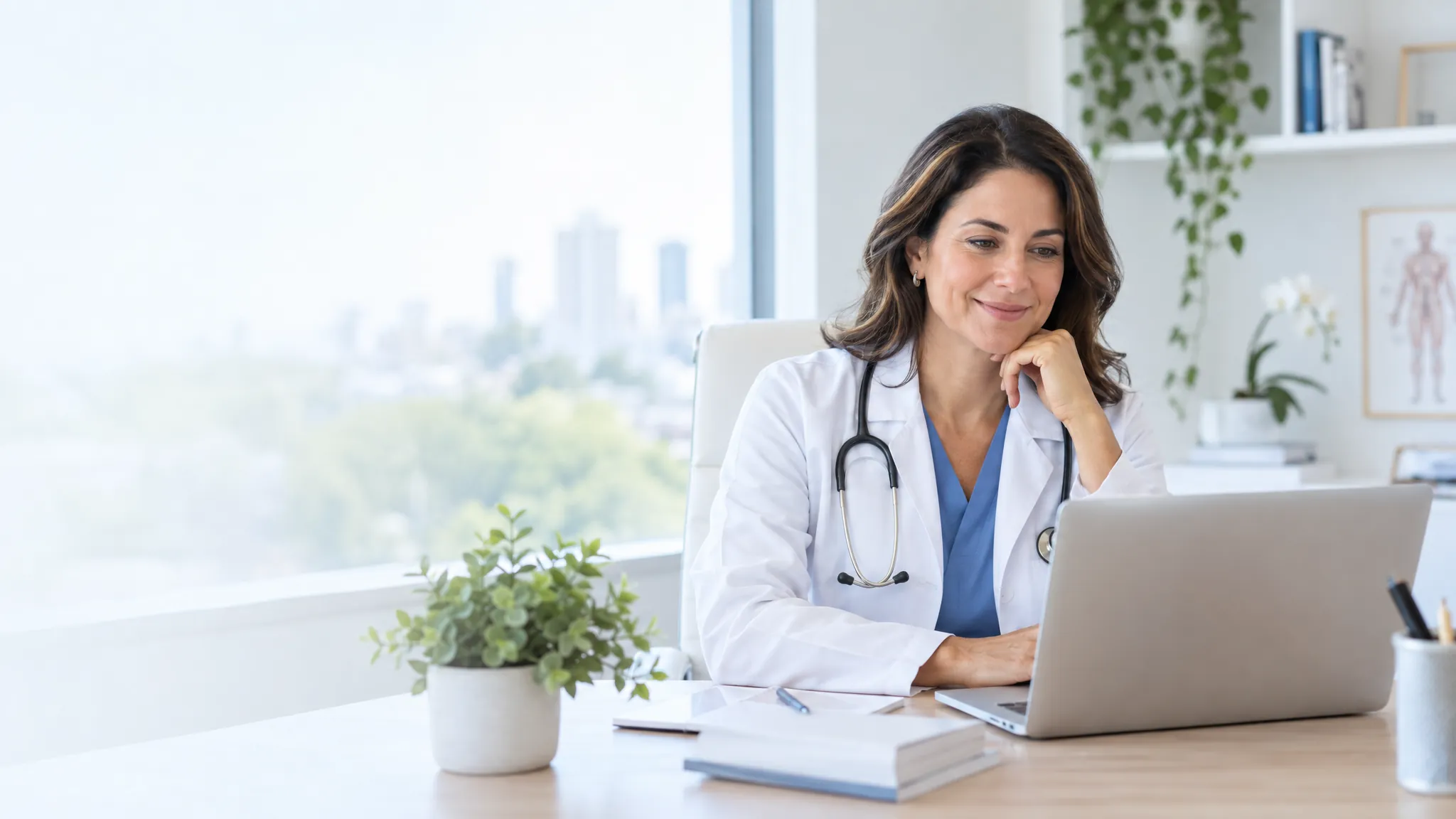 Médica em uma consulta por vídeo, sentada em um consultório claro, conversando com o paciente pela tela do computador.