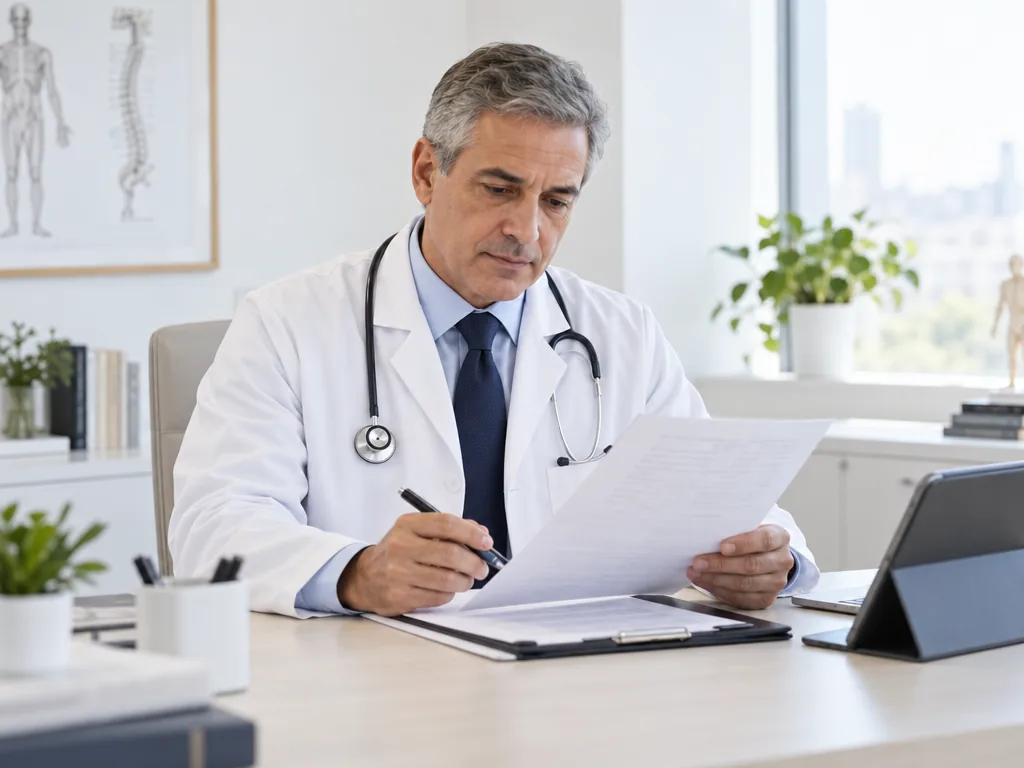 Médico analisando o resultado de um exame em sua mesa de trabalho.